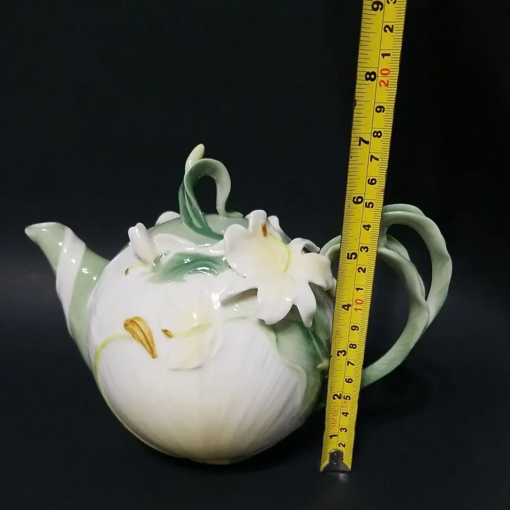 Pier 1 Imports Ginger Lily Teapot Floral Whimsical White‎ Porcelain Hand Painted